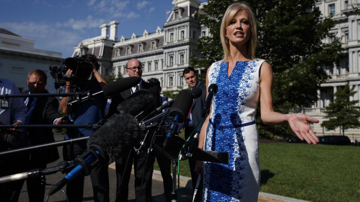 White House counselor Kellyanne Conway talks to reporters outside the White House on Monday.