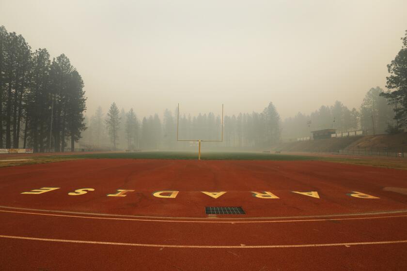PARADISE, CALIFORNIA--NOV.14, 2018-- The Paradise High School Bobcats were supposed to start playoffs on Nov. 9. By then, almost the entire team was homeless. (Carolyn Cole/Los Angeles Times)