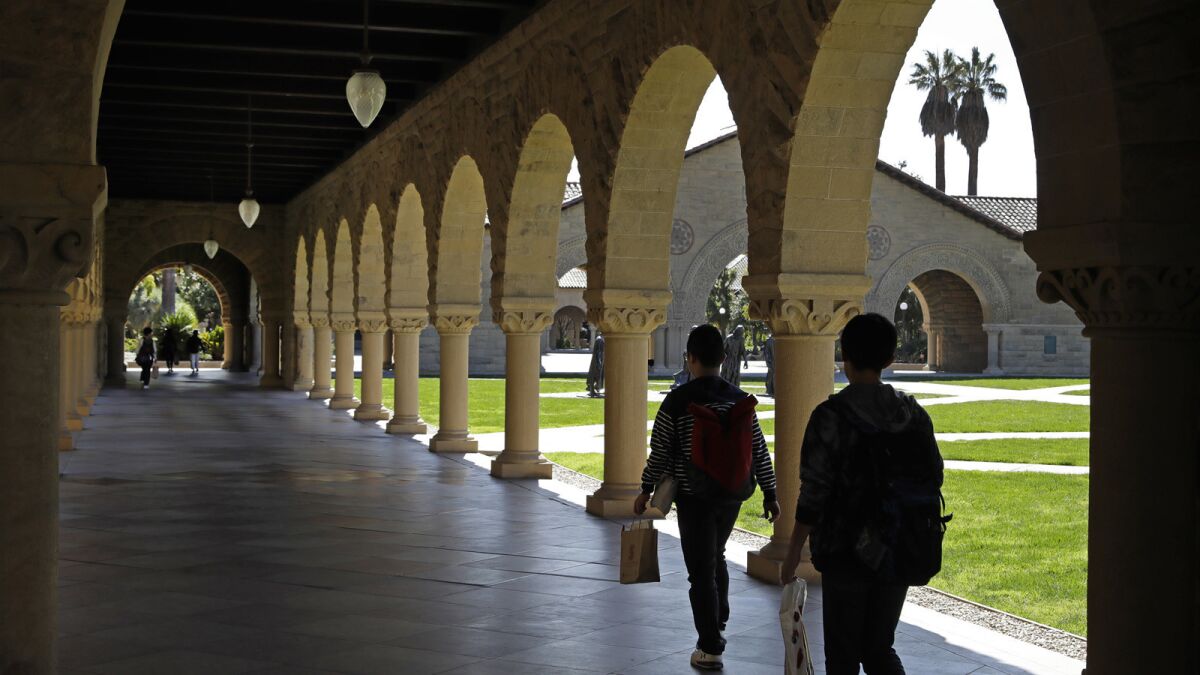 Above, students at Stanford. In the first lawsuit to come out of the college admissions scandal, several students are suing Yale, Stanford and other schools, saying they were denied a fair shot at admission.