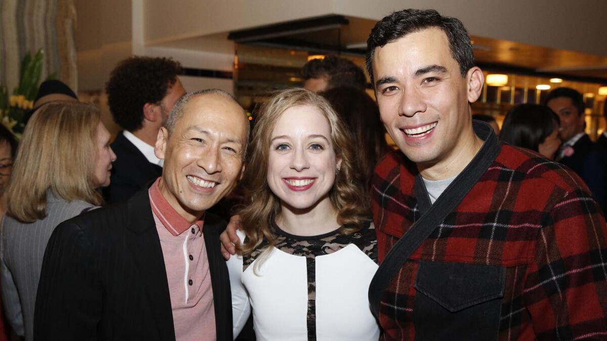 "Soft Power" cast members Francis Jue, from left, Alyse Alan Louis and Conrad Ricamora at the after-party.