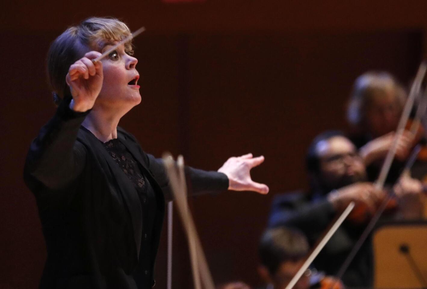 Susanna Malkki, the new principal guest conductor of the LA Phil, conducts the Los Angeles Philharmonic in a performance of Richard Strauss' "An Alpine Symphony, Op.64" at the Disney Concert Hall on Jan. 19.
