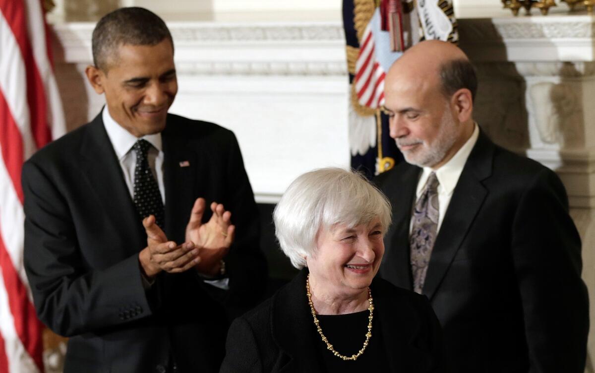 President Obama applauds Janet L. Yellen, his nominee to be the next head of the Federal Reserve, at a White House ceremony. If confirmed, she would succeed Ben S. Bernanke, right.
