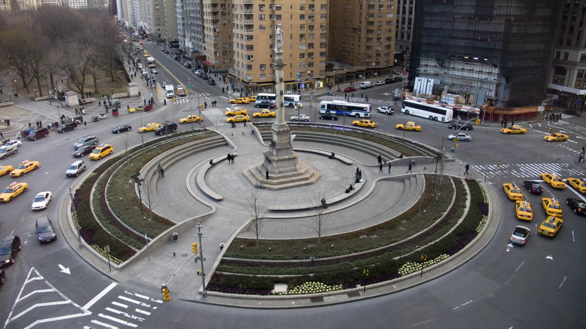 New York's Columbus Circle, featuring a column topped by a statue of Christopher Columbus, is shown on Jan. 13, 2008. A movement to abolish the holiday has new momentum but has also prompted outrage from some.