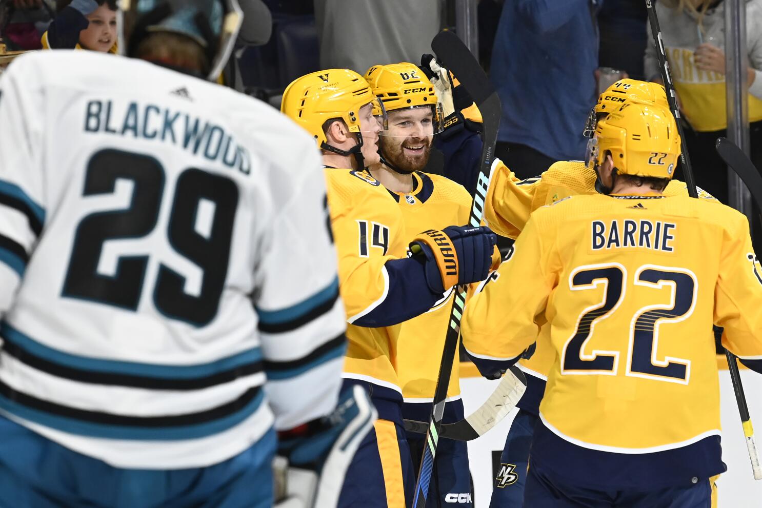 Novak scores twice to lead the Predators over the reeling Sharks, 5-1