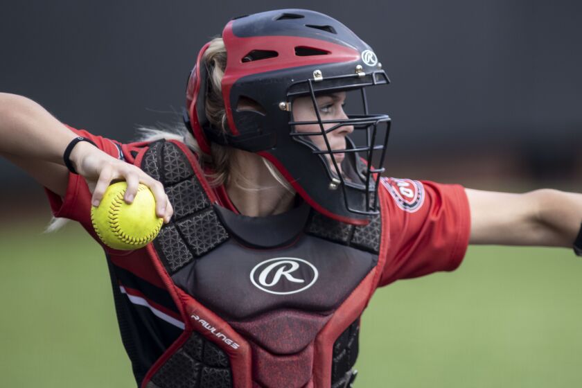 Southeast Missouri State catcher Chelsy Pena (21) during an NCAA softball game on Sunday, May 9, 2021, in Jacksonville, Ala. (AP Photo/Vasha Hunt)