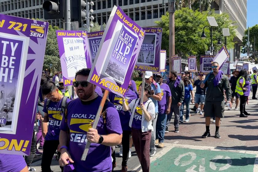 Los Angeles city workers strike in front of City Hall