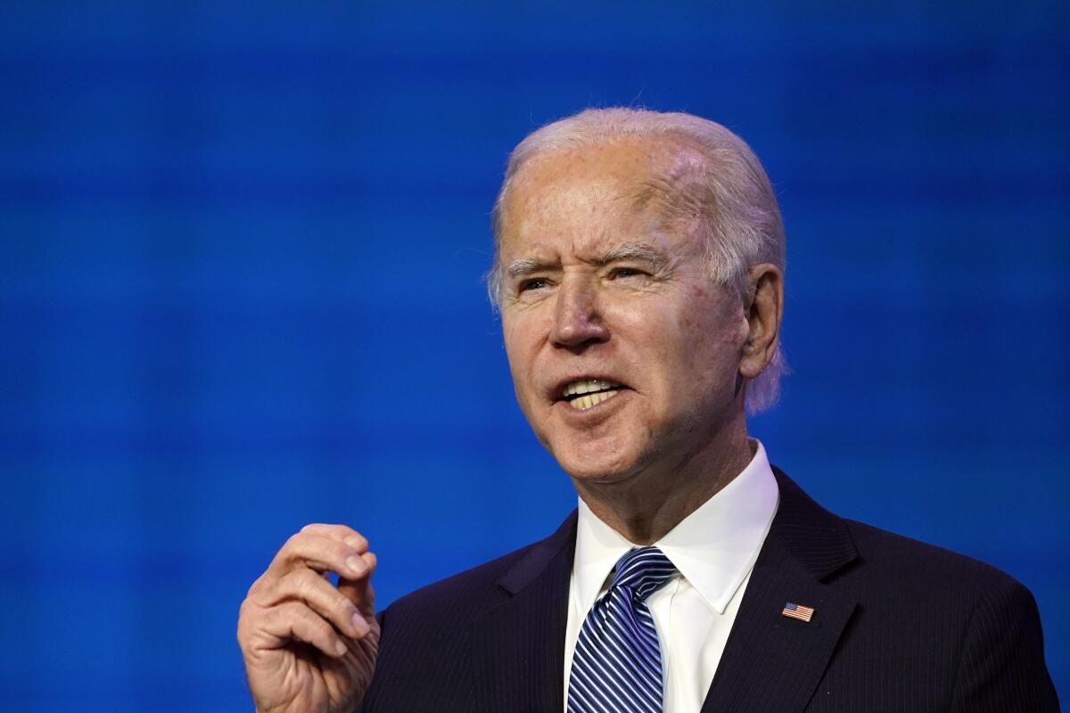 El presidente electo Joe Biden habla en Wilmington, Delaware.