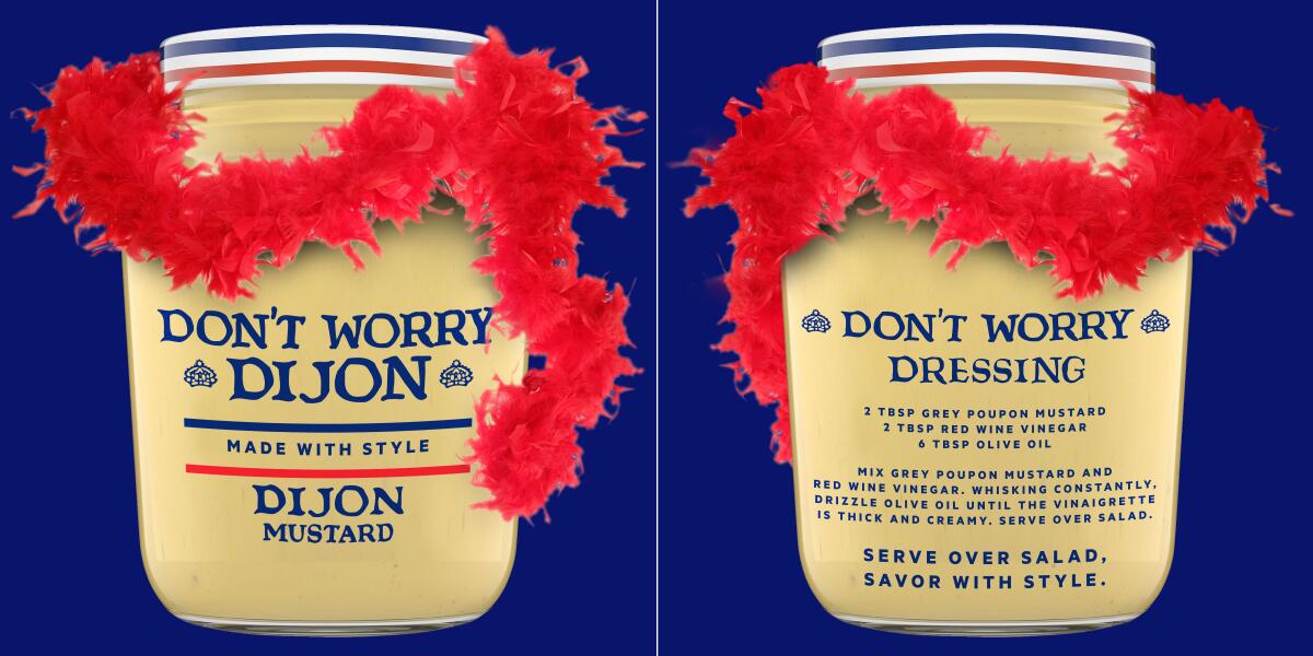 Images of the front and back of a commemorative mustard jar decorated with a small red feather boa