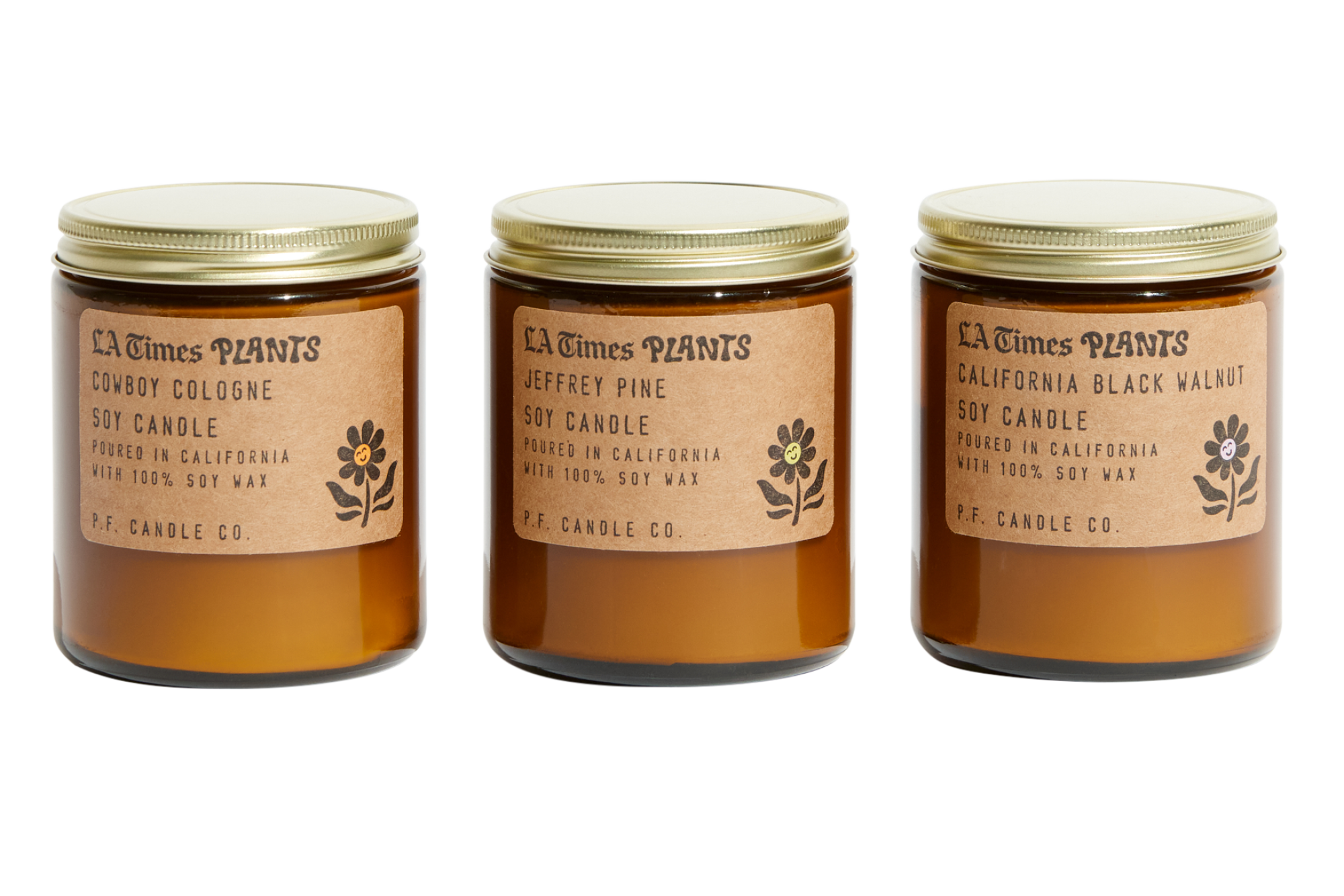 Three soy candles from a collaboration between L.A. Times Plants and P.F. Candle Co. 