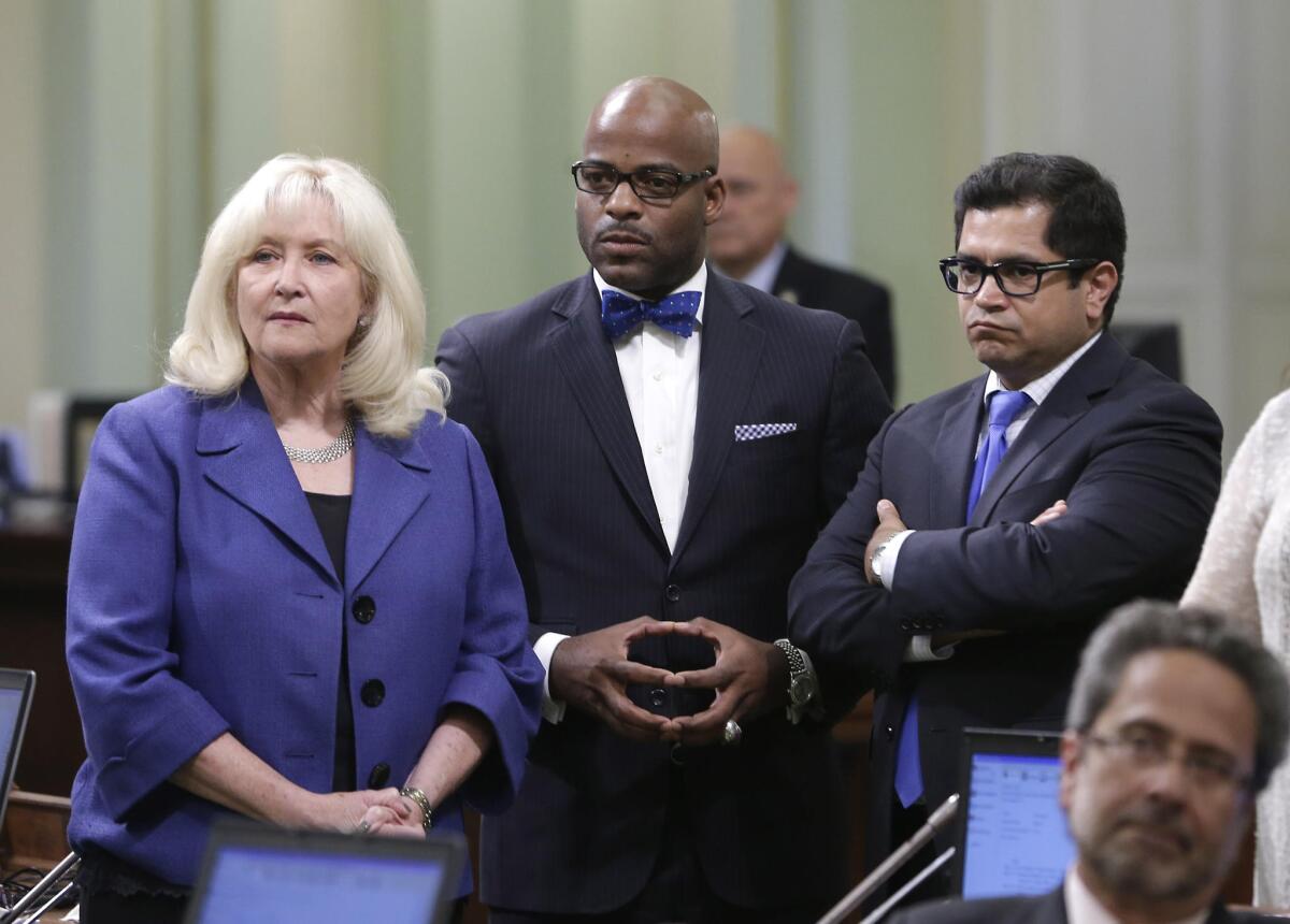 Assemblyman Jimmy Gomez (D-Echo Park), right, with then-Assembly Minority Leader Connie Conway (R-Tulare) and Assemblyman Isadore Hall (D-Compton) in 2014.