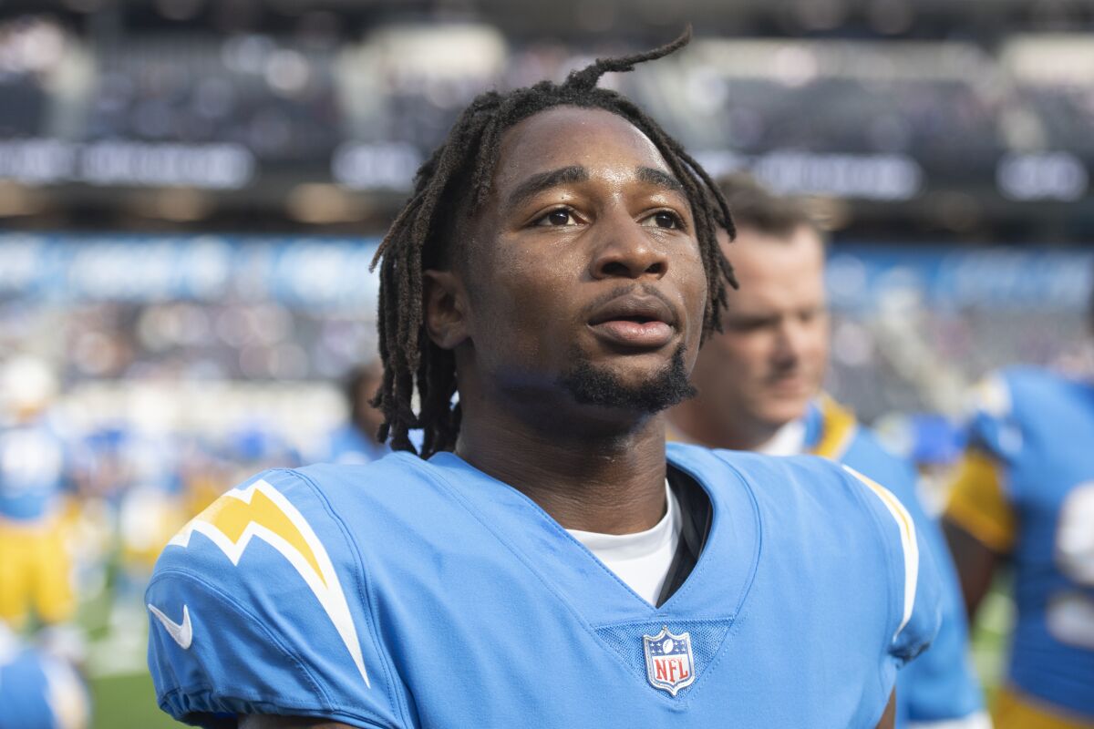 Chargers cornerback Asante Samuel Jr. walks back to the locker room during a game against the Vikings.