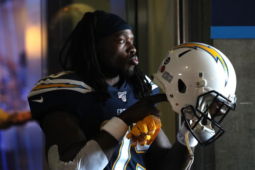 Chargers running back Melvin Gordon #25 of the Los Angeles Chargers walks onto the field prior to the first half of a game against the Green Bay Packers at Dignity Health Sports Park on November 03, 2019 in Carson, California. (Photo by Sean M. Haffey/Getty Images)