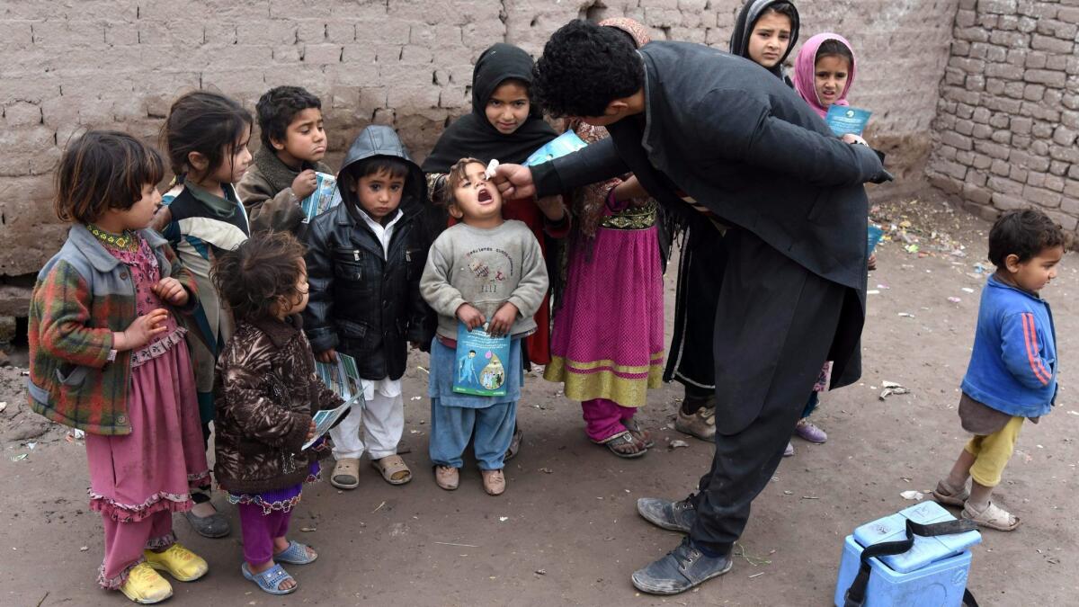 Children gather to receive polio vaccines from a health worker in Jalalabad, Afghanistan.