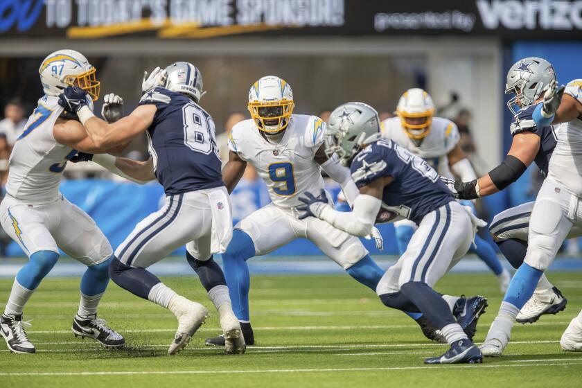 Linebacker (9) Kenneth Murray, Jr. of the Los Angeles Chargers against the Dallas Cowboys in an NFL football game, Sunday, Sept. 19, 2021, in Inglewood, Calif. The Cowboys defeated the Chargers 20-17. (AP Photo/Jeff Lewis)