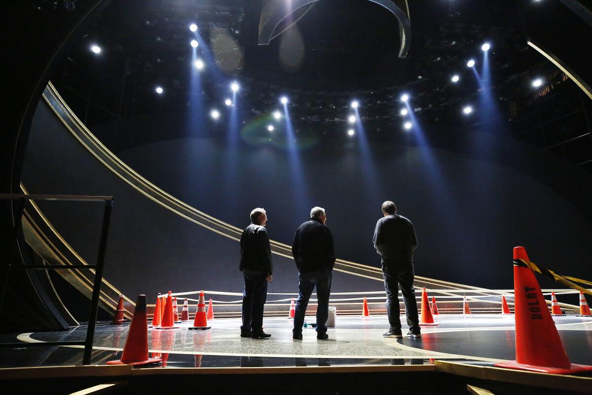 The production team holds rehearsals in the Dolby Theatre.