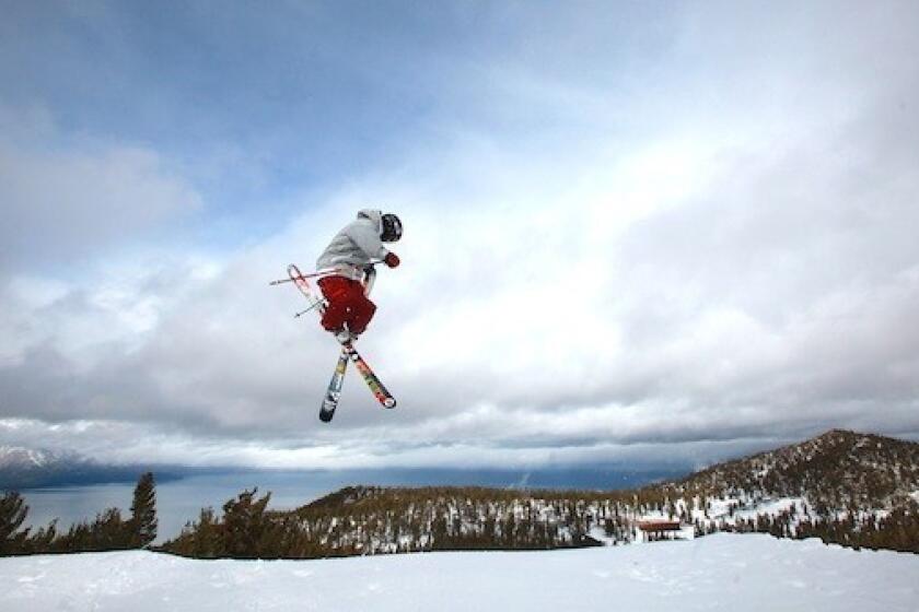 At Heavenly, Kyle Smaine jumps off a snow park feature earlier in the season at the resort in South Lake Tahoe, Calif.