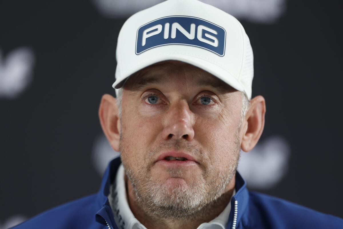 Lee Westwood attends a press conference at the Centurion Club, Hertfordshire, England, ahead of the LIV Golf Invitational Series, Wednesday June 8, 2022. (Steven Paston/PA via AP)