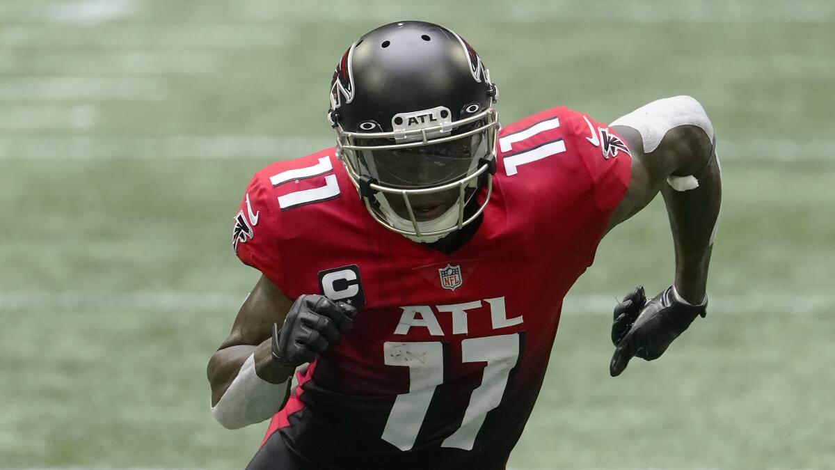 Atlanta Falcons wide receiver Julio Jones runs on the field against the Detroit Lions