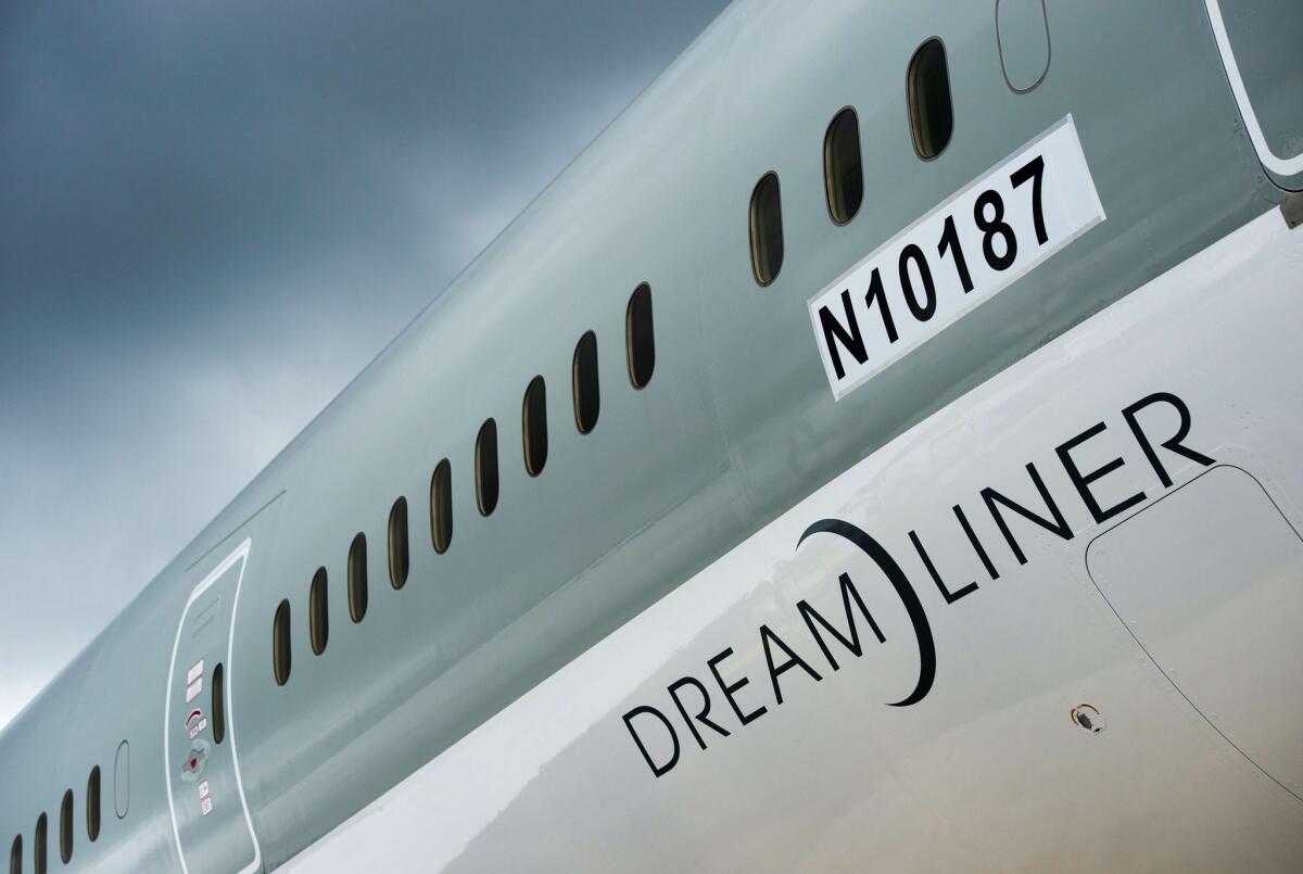 A Boeing 787 Dreamliner aircraft at the Farnborough International Airshow in Hampshire, southern England.