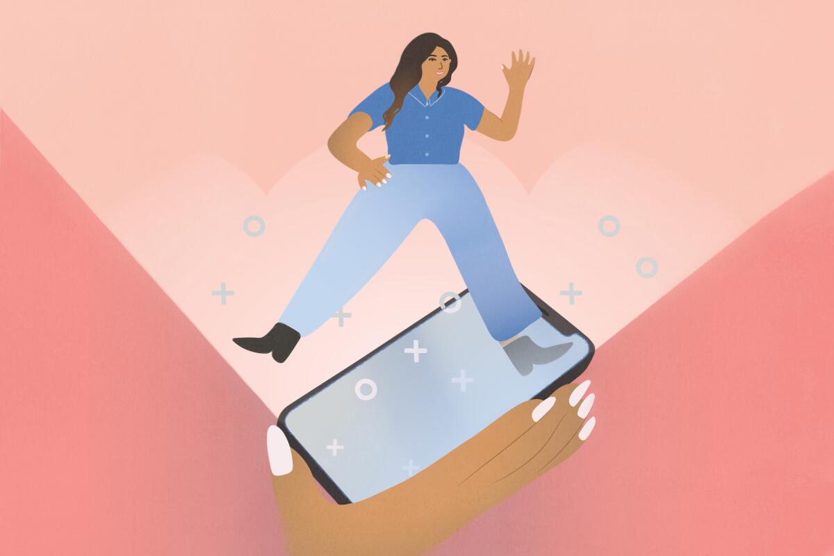 An illustration of a professional woman emerging from a phone screen while waving.