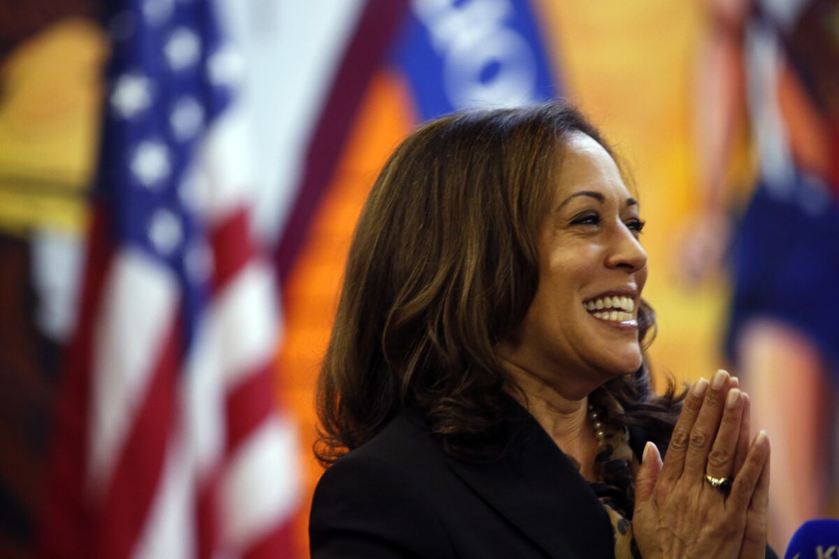 California Attorney General Kamala Harris addresses union members and constituents at the UFCW Local 770 headquarters while campaigning on May 12, 2016.