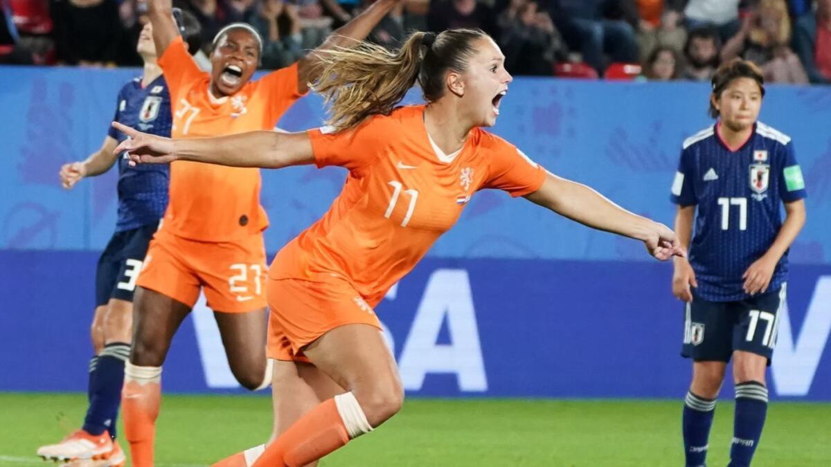Lieke Martens celebrates after scoring on a penalty kick in the closing minutes of the Netherlands' 2-1 victory over Japan at the Women's World Cup on Tuesday.