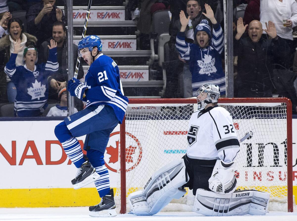 Toronto forward James van Riemsdyk celebrates after scoring past Kings goalie Jonathan Quick on Sunday night.