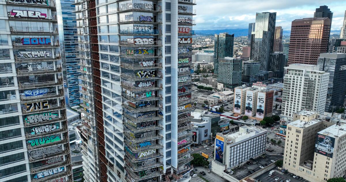 Taggers have sprayed graffiti on 27 stories of a downtown Los Angeles skyscraper