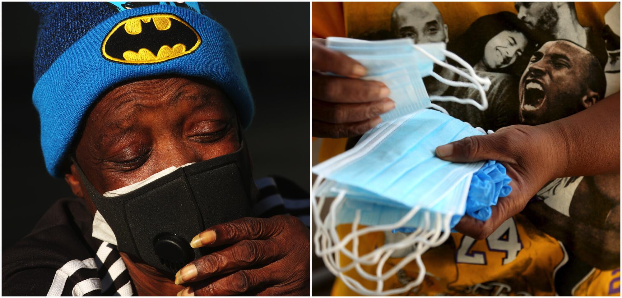 Neise Kennedy waits to pick up food in South L.A.; a worker puts masks into food bags.
