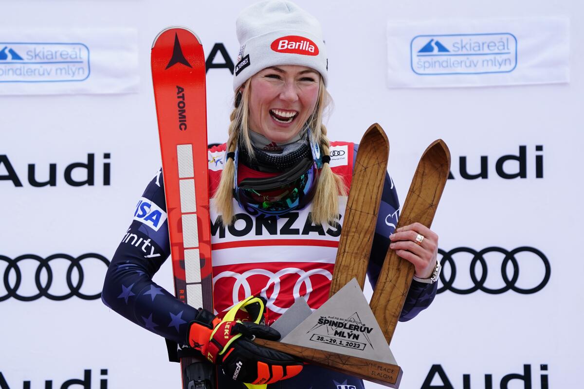 Mikaela Shiffrin celebrates after winning the World Cup slalom race in Spindleruv Mlyn, Czech Republic, on Saturday.