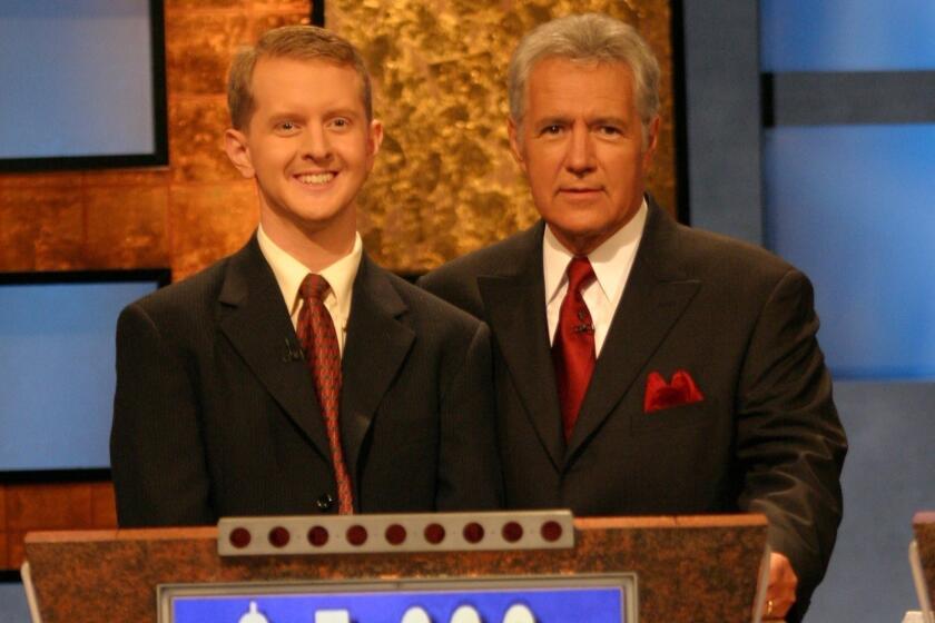 Ken Jennings, Jeopardy! contestant, and host Alex Trebek