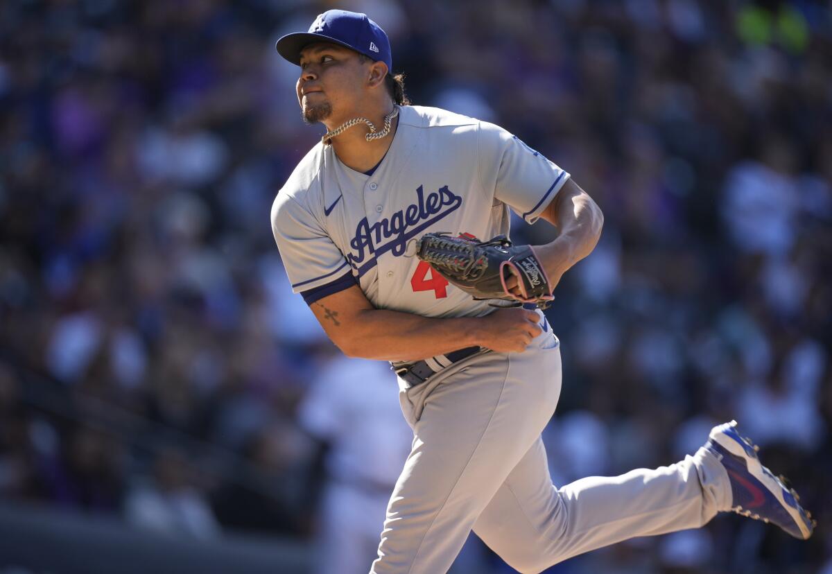 Dodgers relief pitcher Brusdar Graterol delivers against the Colorado Rockies.