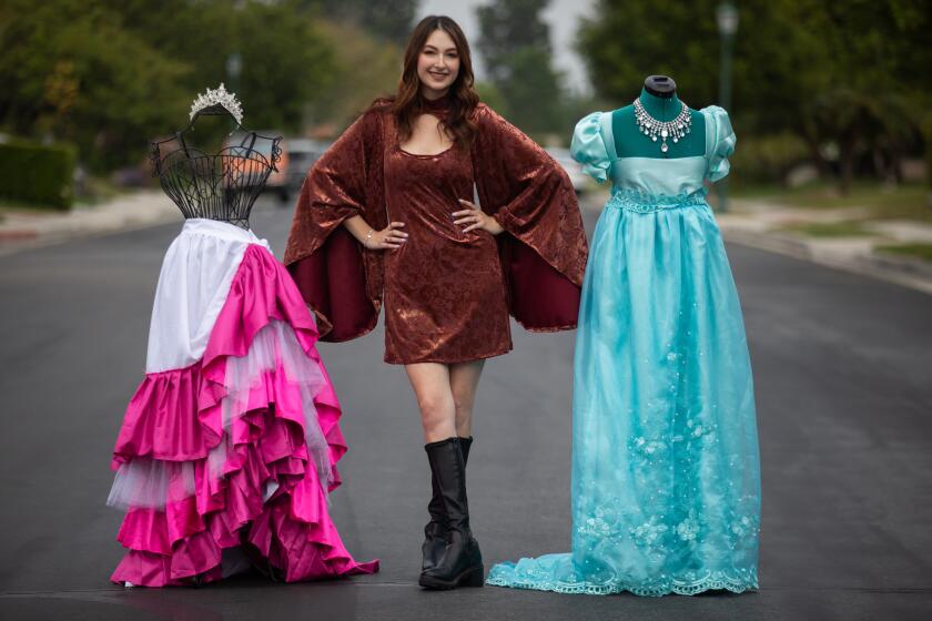 Northridge, CA - May 23: Portrait of Rebecca Feldman, 21, wearing a dress she designed on Tuesday, May 23, 2023, in Northridge, CA. Prospective FIDM (Fashion Institute of Design and Merchandising) student Rebecca Feldman had her post-graduation plans derailed when FIDM merged with ASU this spring, just weeks after she paid her deposit for the next year. She was planning to take a one-year program focused on design at FIDM, but that program was no longer available to her after the merger - and now she's trying to figure out how she can still pursue her design dreams. (Francine Orr / Los Angeles Times)