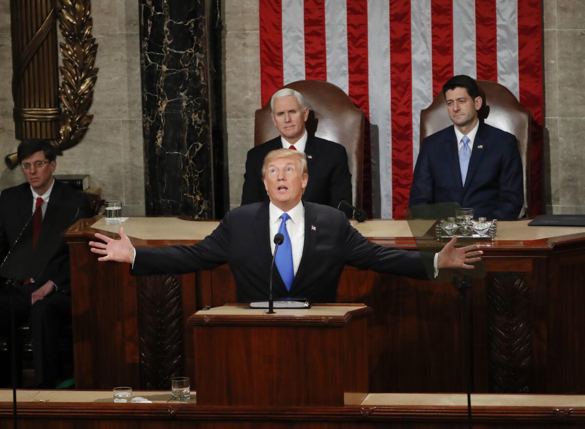 President Donald Trump addresses a joint session of Congress on Capitol Hill during his State of the Union speech on Jan. 30, 2018.