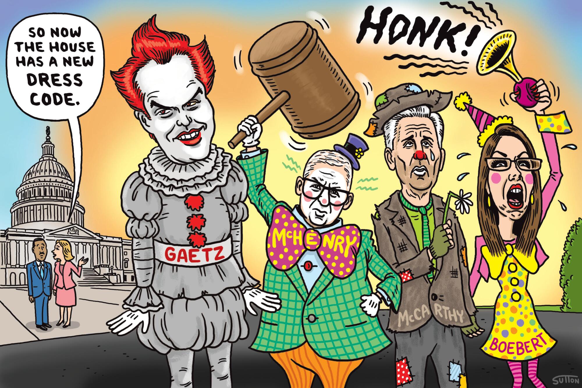 Cartoon of Matt Gaetz, Patrick T. McHenry, Kevin McCarthy and Lauren Boebert in clown costumes.
