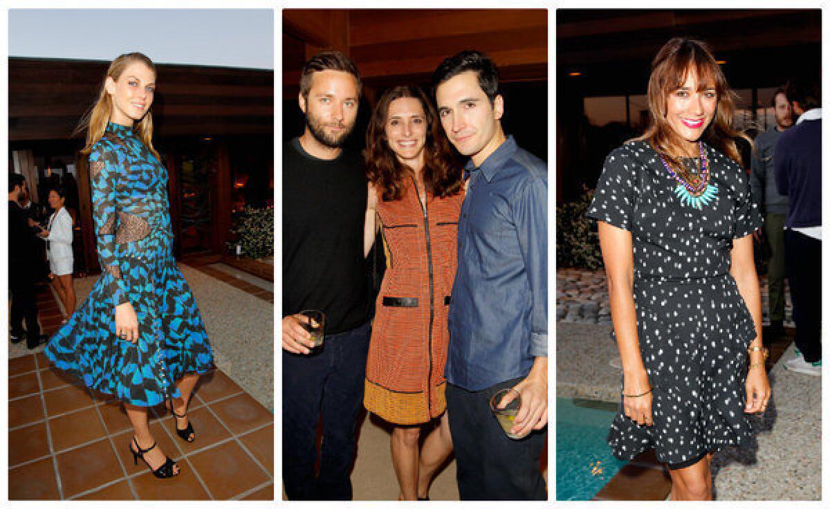 From left, Angela Lindvall; Jack McCollough, Elizabeth Stewart and Lazaro Hernandez; and Rashida Jones celebrate Proenza Schouler's First Collection rerelease for Barneys New York at the home of Mark Fletcher and Tobias Meyer on Thursday night in Los Angeles.