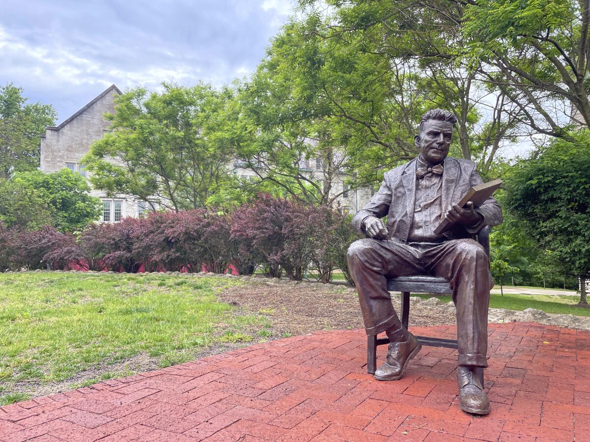 A bronze sculpture of Alfred Kinsey outside the research facility that bears his name.
