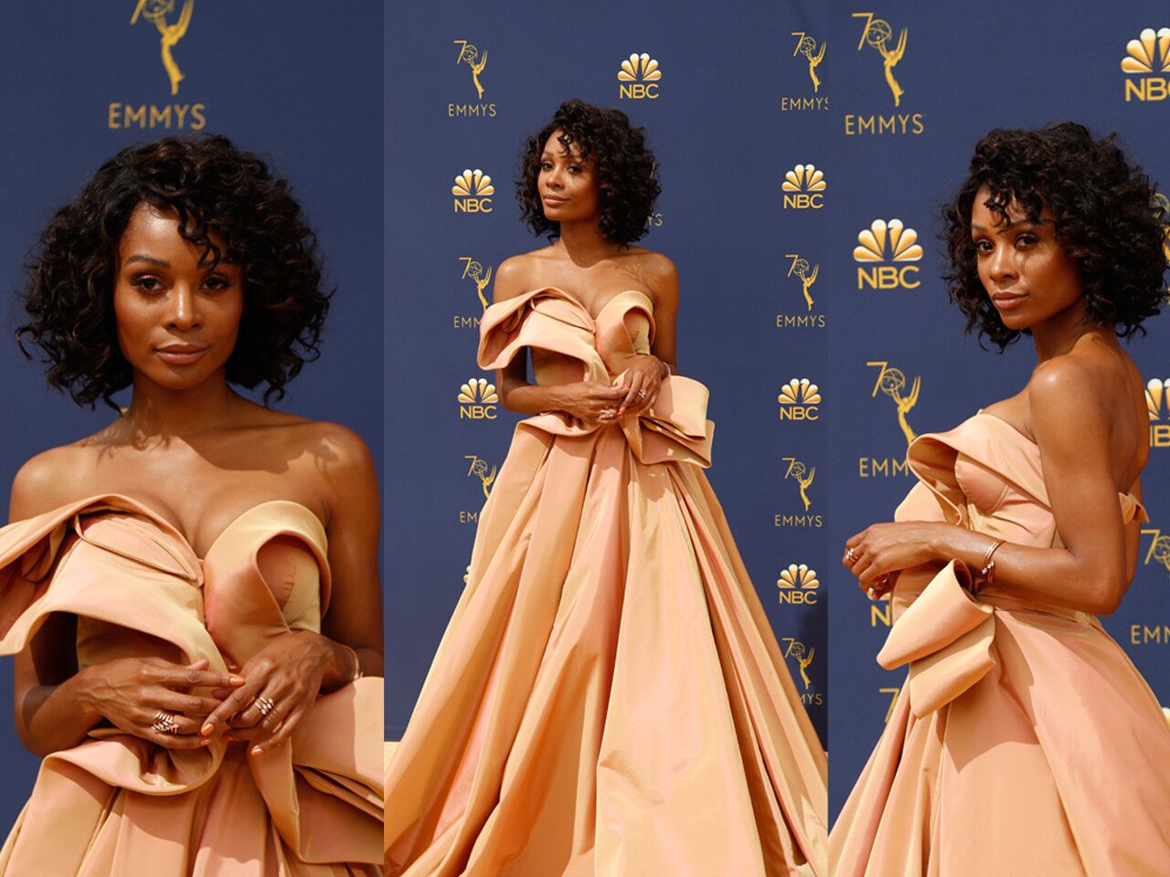 Zuri Hall certainly is making a statement with her Emmys look, but this one is a bit much. Her gown looks as if she was wrapped up in someone’s ‘80s living-room drapes. That's why she is on our worst-dressed list.