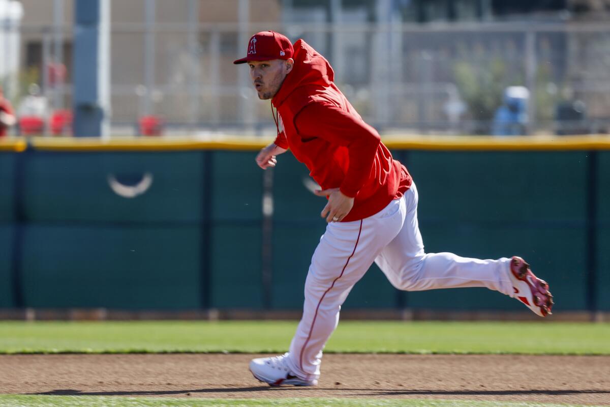 Mike Trout runs the bases at Angels spring training in February.