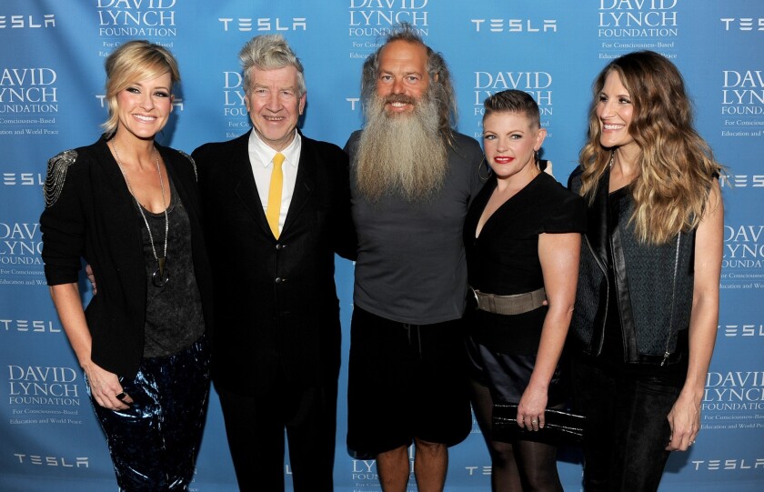 Martie Maguire, director David Lynch, producer Rick Rubin, and Natalie Maines and Emily Robison of the Dixie Chicks arrive at a David Lynch Foundation benefit honoring Rubin at the Beverly Wilshire Hotel on Thursday night.