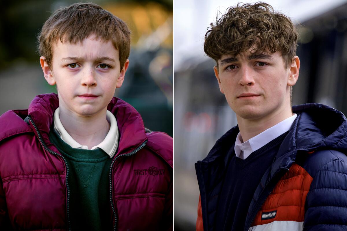 Rhys Connah as Ryan in the first season of "Happy Valley," left, and seven years later in the third season of the BBC series.