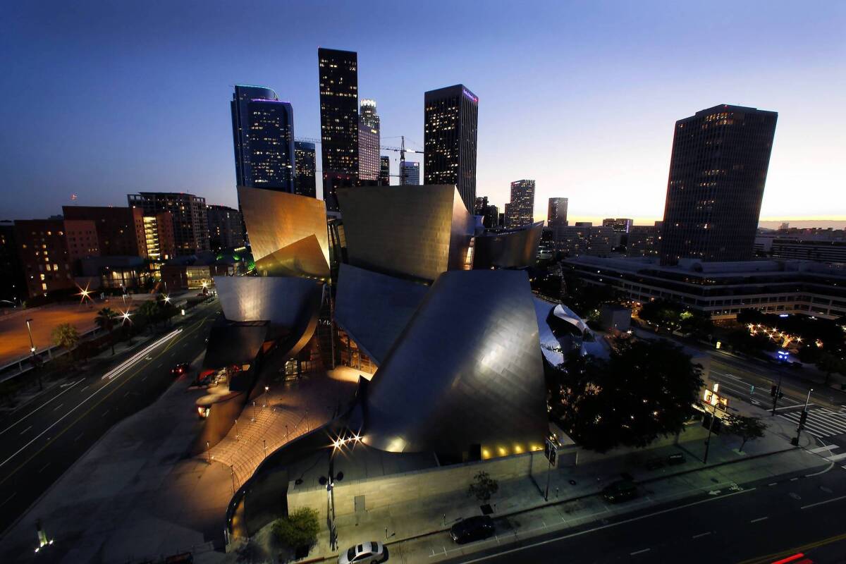 The outward exuberance of Disney Hall's design is in contrast to the inward-looking buildings nearby.