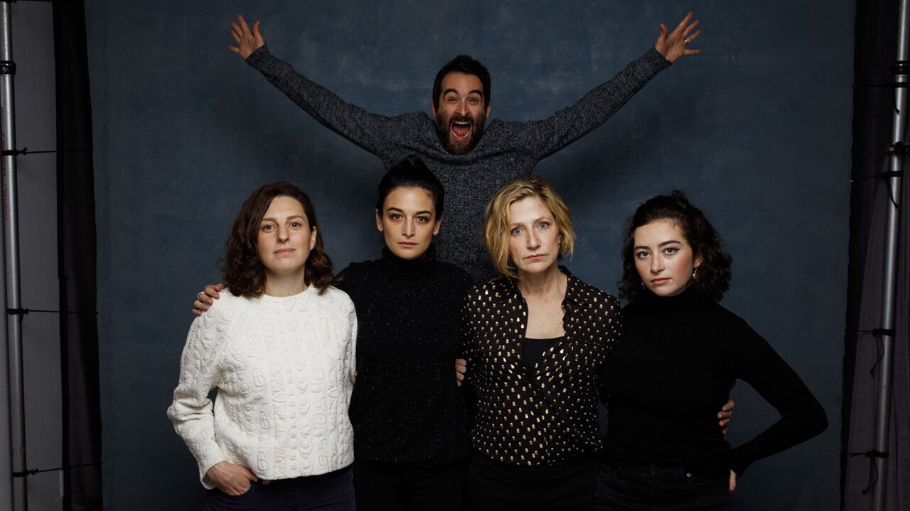 Actor Jay Duplass jumps behind writer-director Gillian Robespierre, actress Jenny Slate, actress Edie Falco and actress Abby Quinn from the film "Landline."