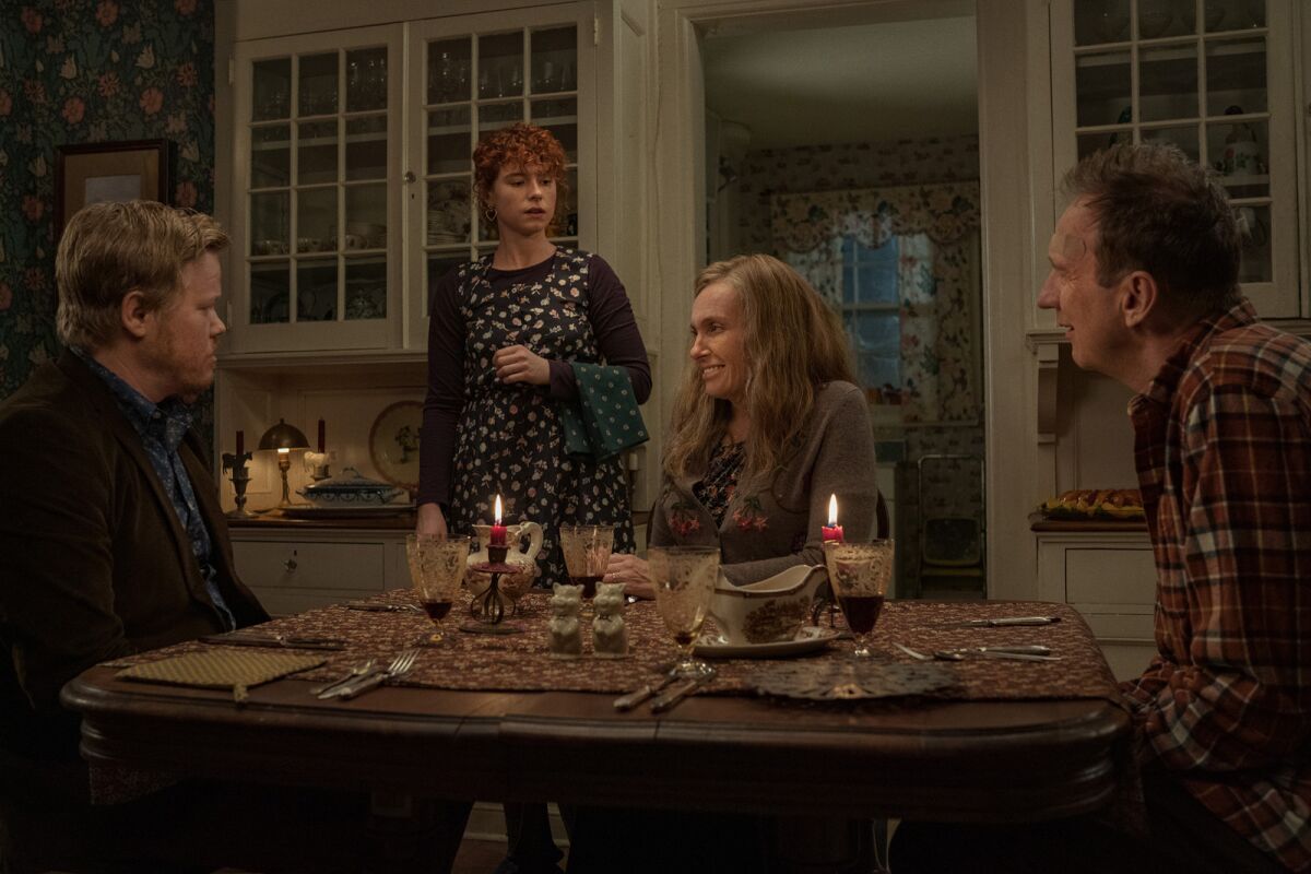 Jesse Plemons, from left, Jessie Buckley, Toni Collette and David Thewlis in the movie "I'm Thinking of Ending Things."