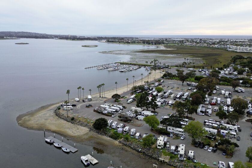 SAN DIEGO, CA-March 6: Drone view of area around Mission Bay near Campland on the Bay and Kendall-Frost Marsh Reserve on Monday, March 6, 2023 in Pacific Beach.(Photo by Sandy Huffaker for The San Diego Union Tribune)