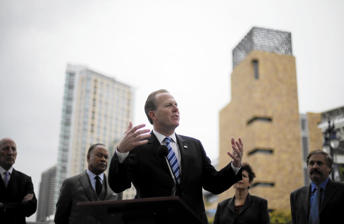 San Diego Mayor Kevin Faulconer speaks at a Jan. 30 news conference about the city's efforts to build a new stadium for the Chargers. On Monday night, the public will get a chance to vent at a scheduled three-hour meeting of the stadium advisory committee appointed by Faulconer.