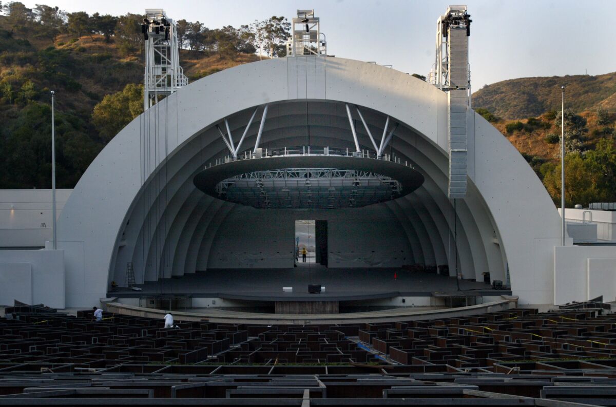 A view of the Hollywood Bowl shell and stage from the seating area.