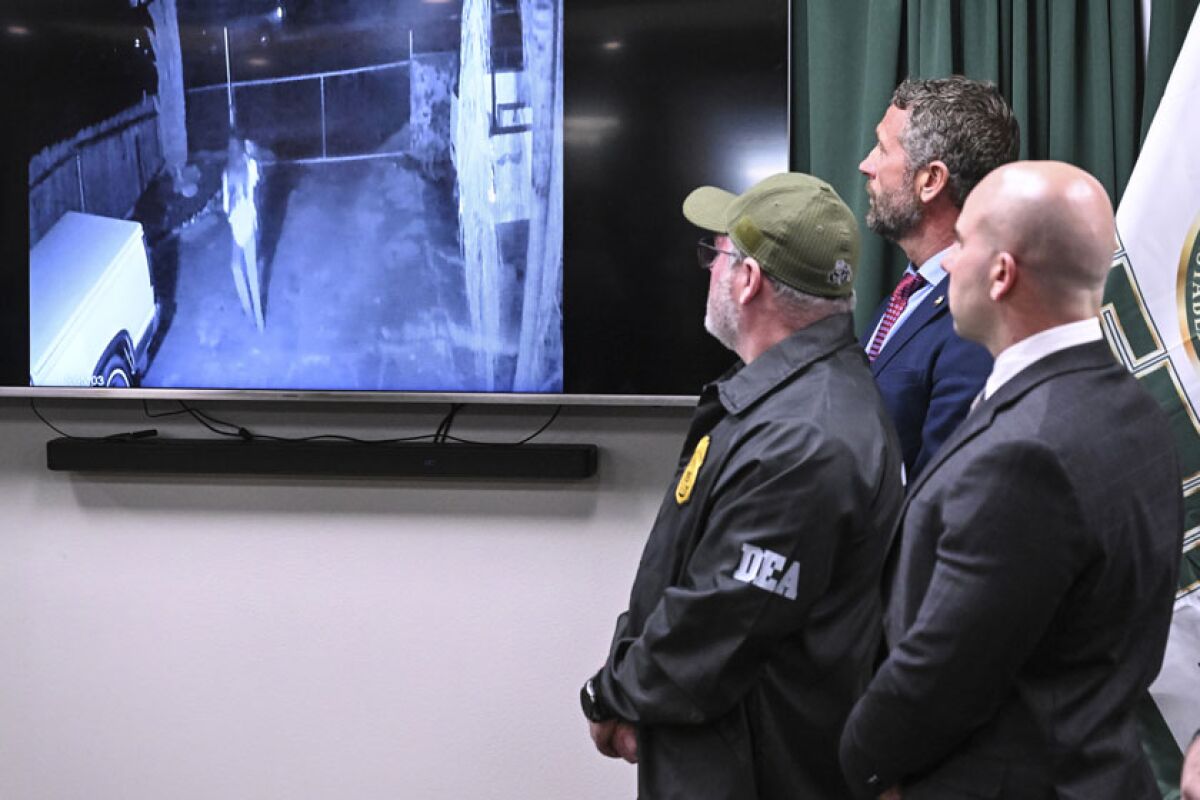Officials watch a video showing a young woman fleeing with her baby.