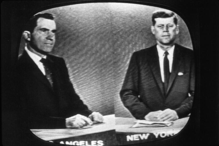 Richard Nixon in Los Angeles and John F. Kennedy in New York at their third presidential debate on Oct. 13, 1960.