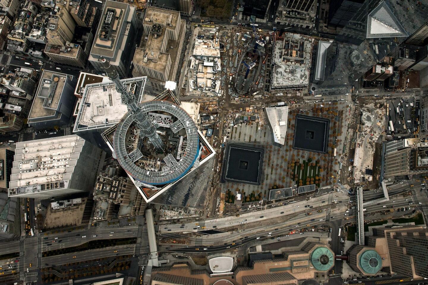 One World Trade Center, seen from a helicopter looking directly down on the building. The building was deemed the tallest building in the U.S. on Tuesday.